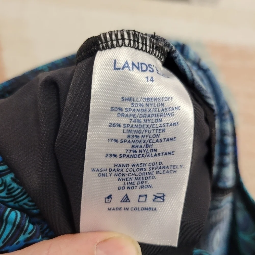 Lands End Womens Blue Paisley Slender Tummy Control One Piece Swim Suit 14 - Picture 4 of 9